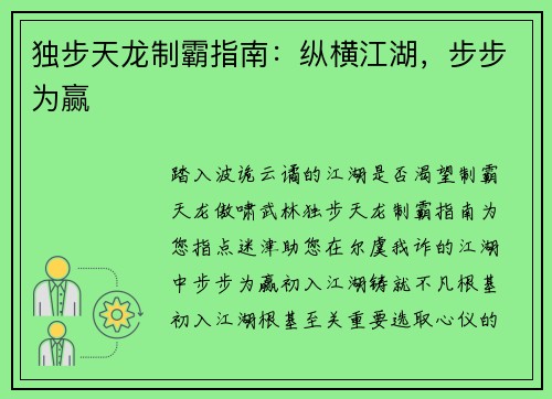 独步天龙制霸指南：纵横江湖，步步为赢