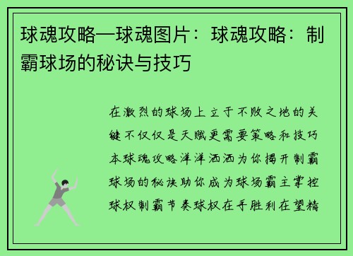 球魂攻略—球魂图片：球魂攻略：制霸球场的秘诀与技巧